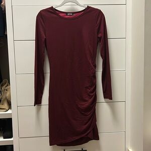 Bodycon short to mid length wine/maroon long sleeve dress, ruched